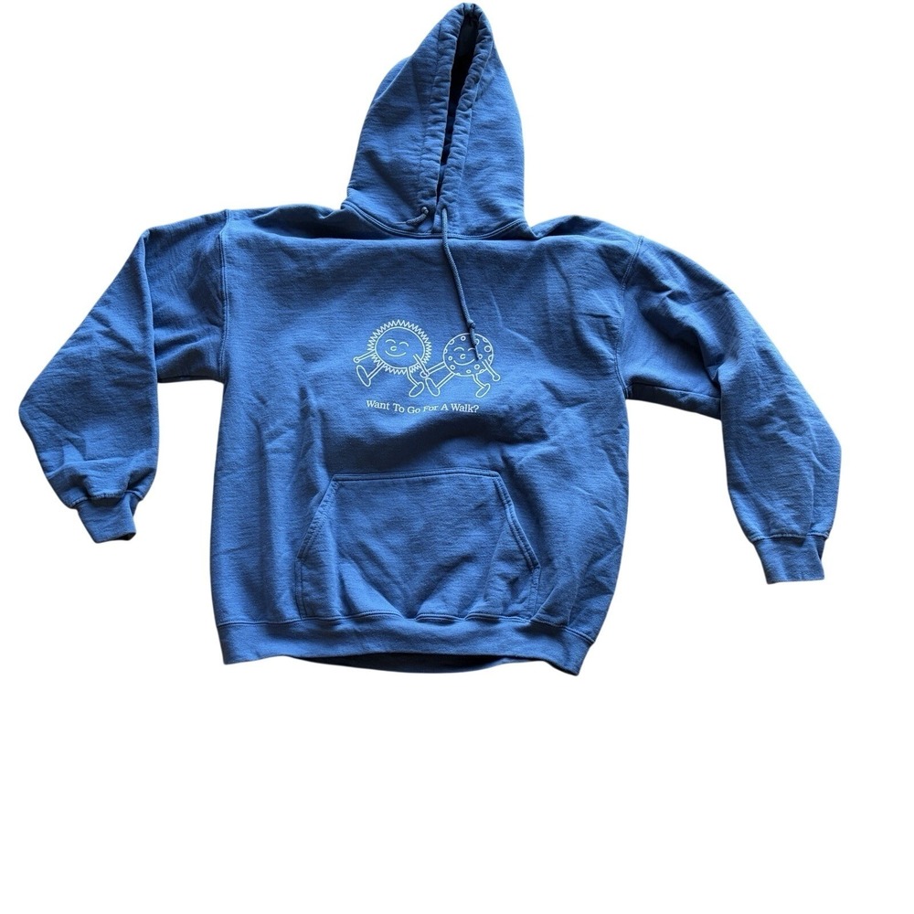 Lonely Ghost Hoodie Large Blue Want To Go For A Walk Puff Print Streetwear Indie - Picture 2 of 16